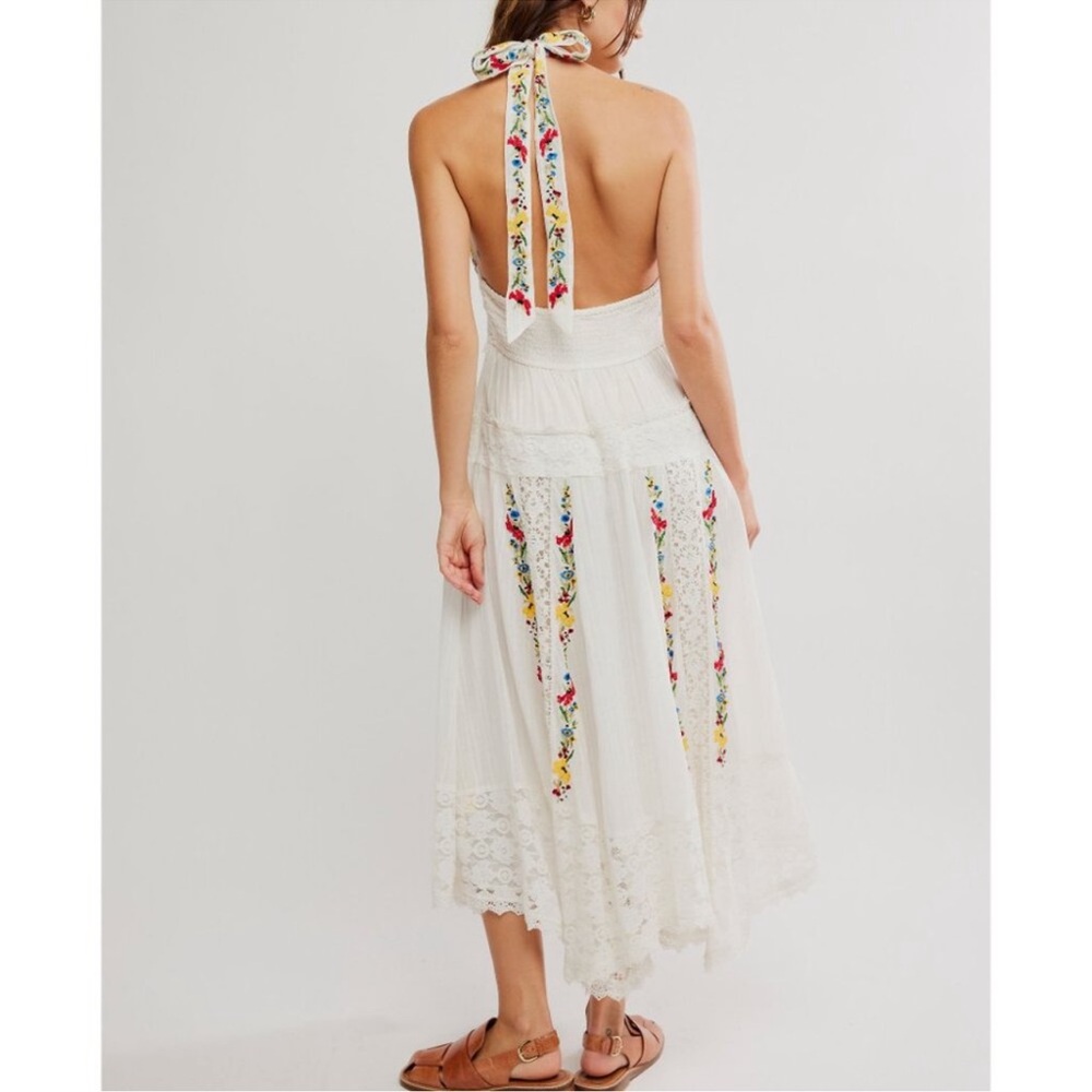 Free People White Embroidered Midi Dress with Red & Blue Floral Accents - Picture 2 of 10